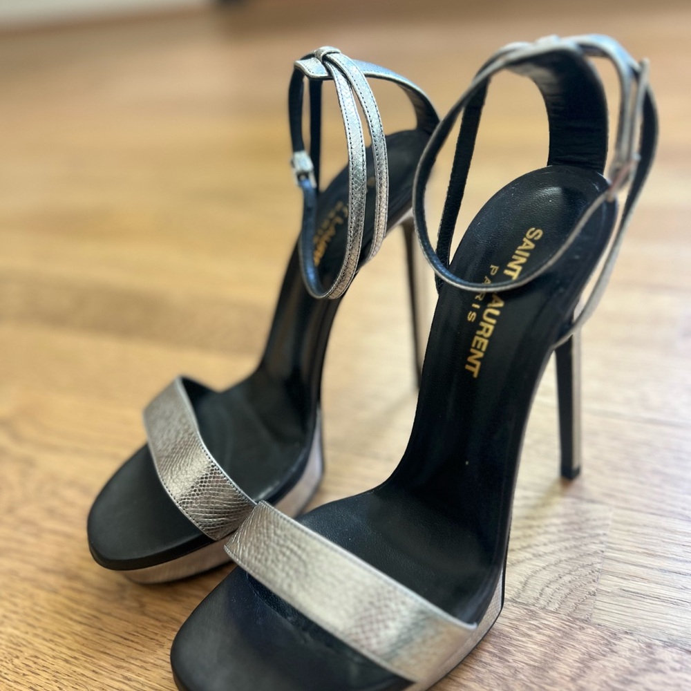 Saint Laurent Platform Ankle Strap Silver Heels